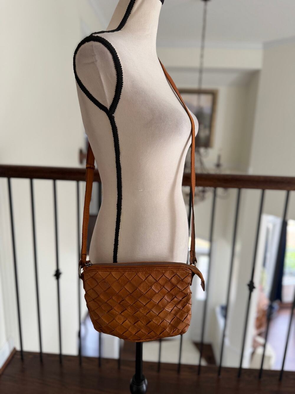 Vilencia Holland Cognac Leather Woven Crossbody Bag